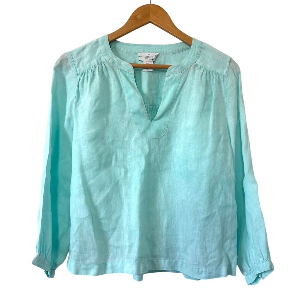 Halston 100% Linen Split Neck Top Blouse Blue Small Coastal Beach Resort Boho
